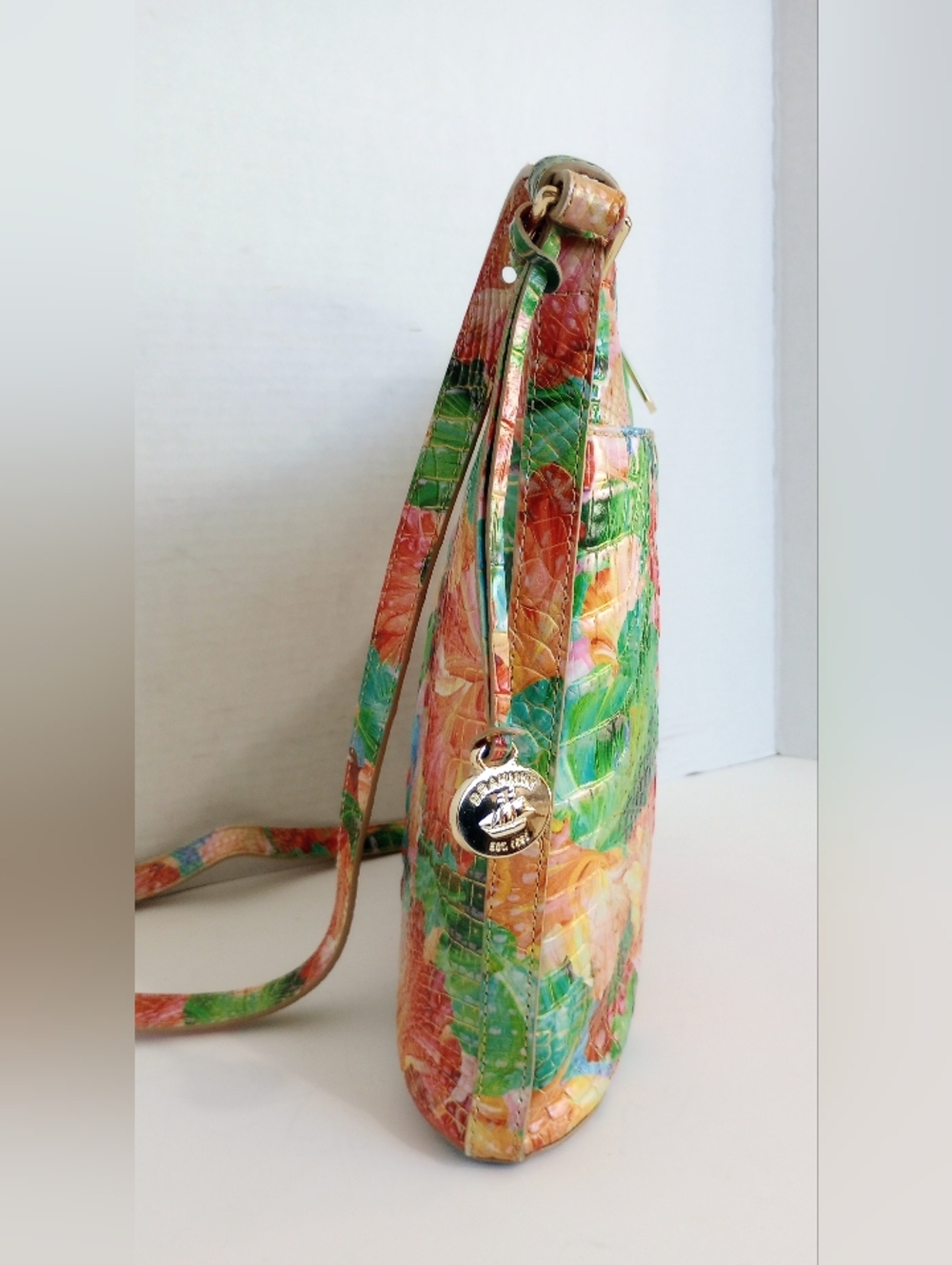 Brahmin Katie Taffy Melbourne Croc Embossed Leather Floral Crossbody Purse - Picture 9 of 13